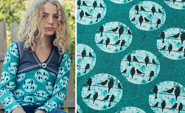 Birds on a Wire design examples: Shirt Noelita in teal