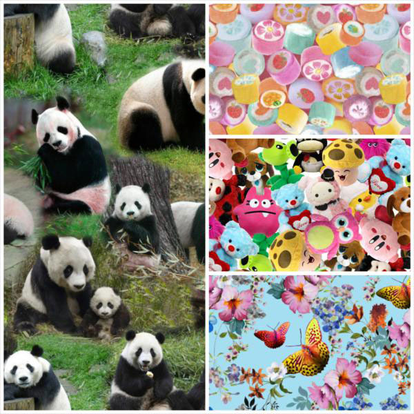 Digitaldruck von Swafing mit Pandas, Kuscheltieren, Bonbons oder Schmetterlingen